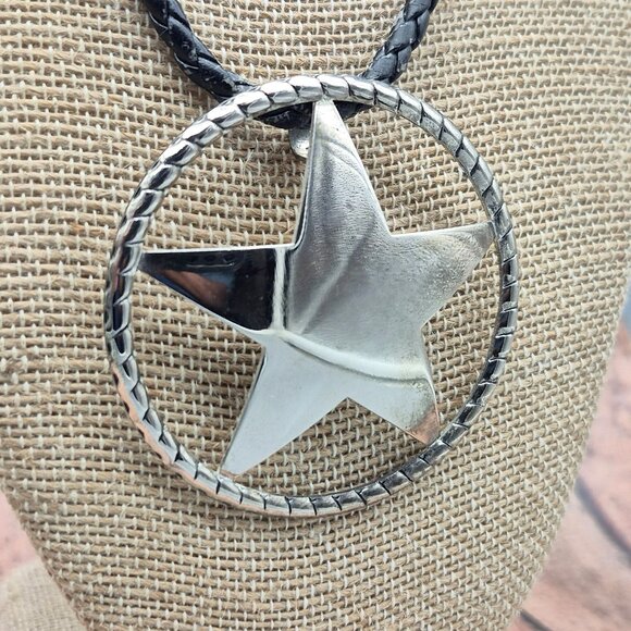 Western Texas Star Brooch Pin Pendant on a Black Faux Cord Collar Necklace 18" - Picture 3 of 11